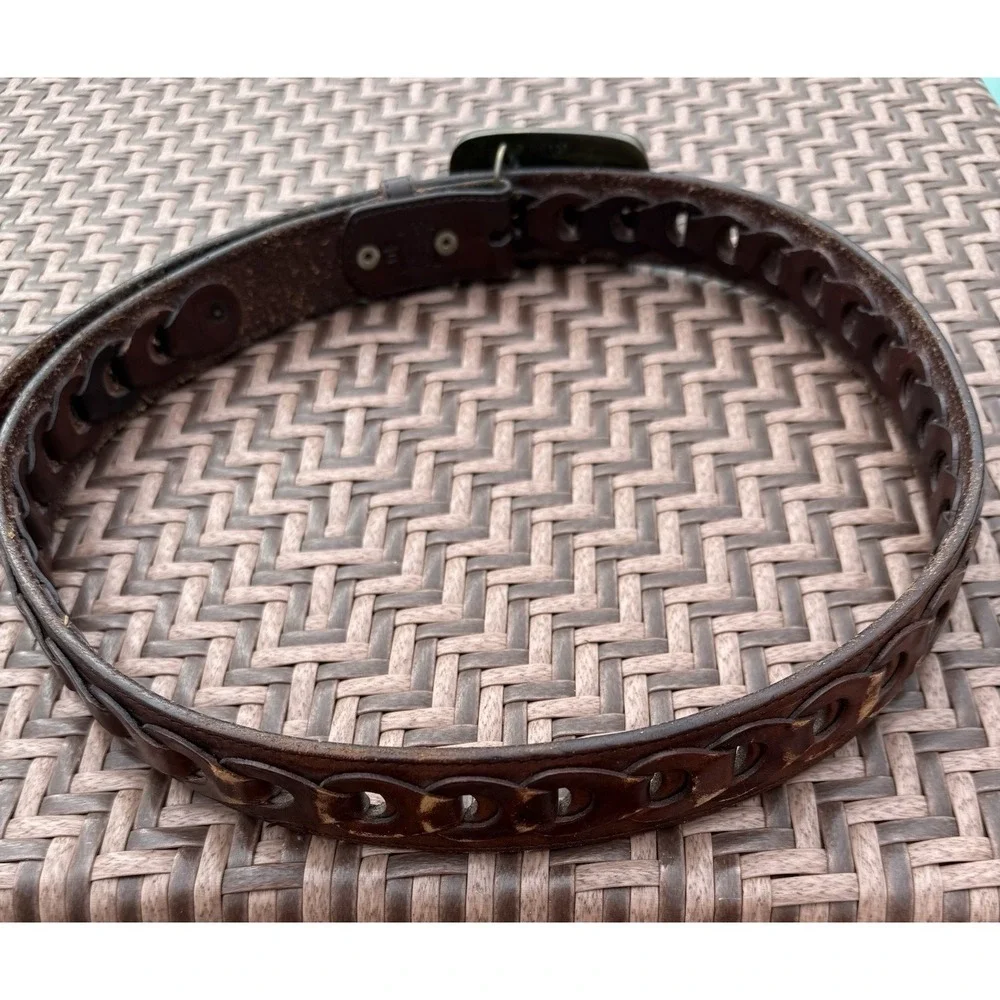Leather Hand Tooled Woven Brown Belt Carpenter Buckle Hammer Saw Mexico Size 40